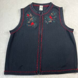 Blair Vintage Embroidered cardinal & pinecone black sweater vest women’s size XL